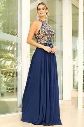 54 Long Navy Blue Dress with Lace Bodice