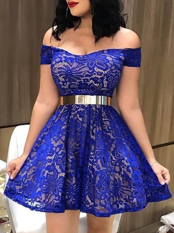 697 Royal Blue Dresses Short flared skirt fabric with lace and golden belt