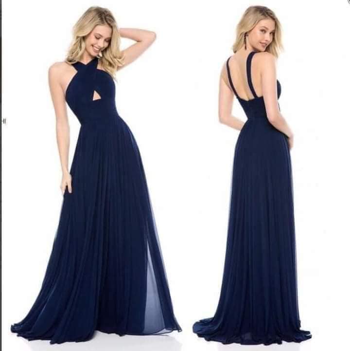 92 Floor-length Navy Blue Dress with semi-transparencies and crossed neckline