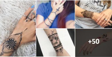 Collage-Tattoos auf Handgelenk und Unterarmarmband Typ 1