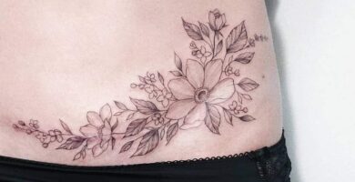 1 TOP 1 Tatuajes para Tapar Cesareas Horizontal Flores Ramas Hojas contorno negro