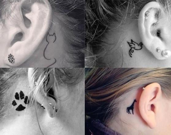 15 Tattoos hinter dem Ohr, Katzensilhouette, Katzenpfote, Giraffe und Taube