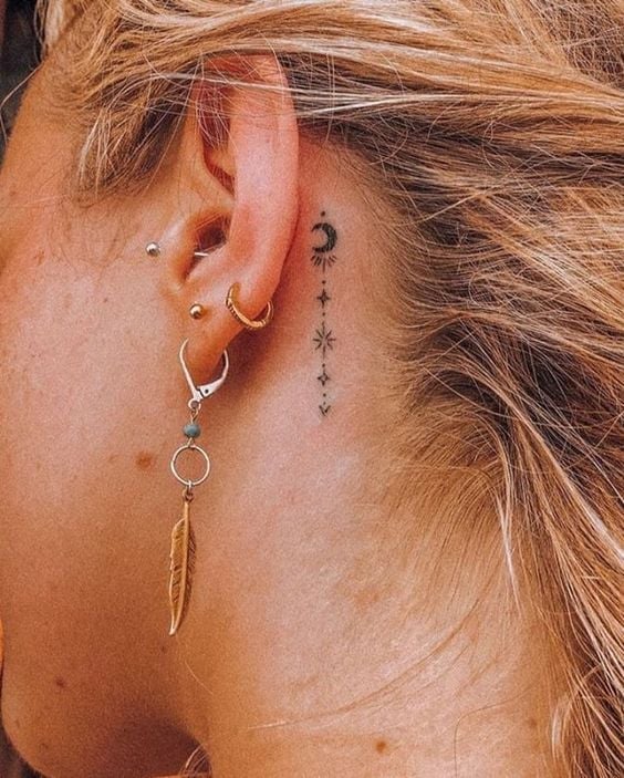2 TOP 2 Tattoos hinter dem Ohr Mond und Sterne in Form eines kleinen Ohrrings