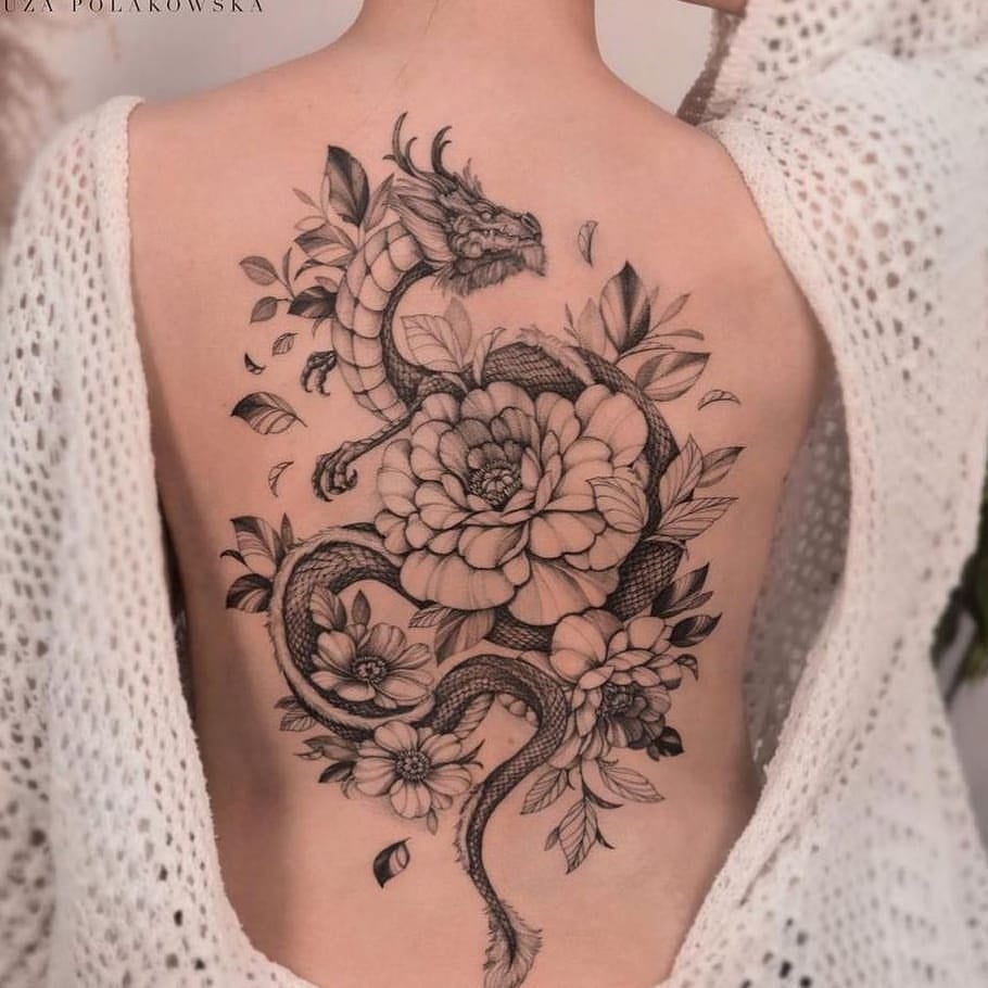 25 Tattoos on Back Dragon BlackWork Large Black Flower Leaves full back