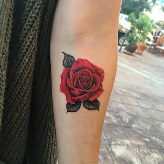 4 TOP 4 Rote Rose Tattoo auf dem Unterarm mit schwarzen Blättern