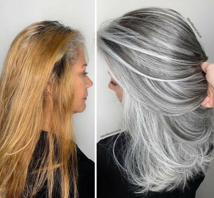 46 Bedecken Sie Ihr graues Haar mit Silber- oder Aschefarbe. Vor und nach dem STYLIST