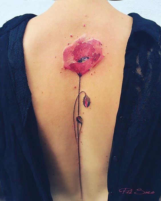 47 Tattoos on the Back of a Woman Red poppy with stem and two buds along the spine