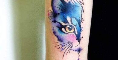 5 TOP 5 Tatuajes de Gatos Mitad de cara de gato dividida por inscripcion tonos celestes y violaceos acuarela en brazo