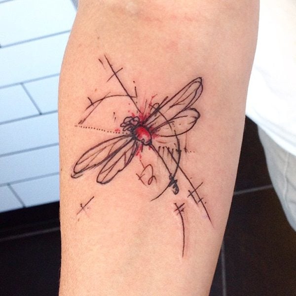 Dragonfly tattoos with geometric patterns and details in red