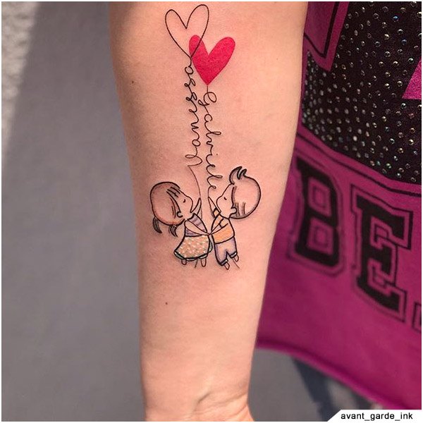 Tattoos for Mothers Children Son and Daughter holding Heart Balloons with strings and names Gabrielle on forearm