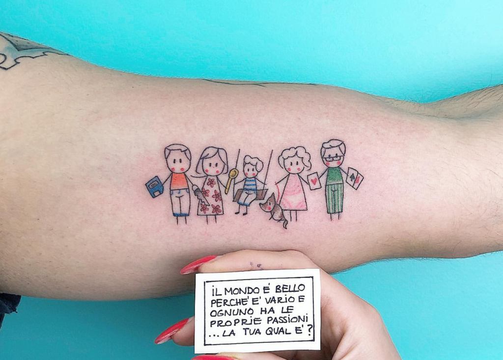 Tattoos für Mütter, Kinder und Familie. Karikatur einer Familie, in der eine Mutter, ein Vater, Großeltern und ein Sohn mit einem Hund auf dem Arm in einer Hängematte erscheinen