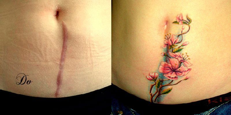 Tatuajes para tapar cesarea vertical ramo de flores rosas