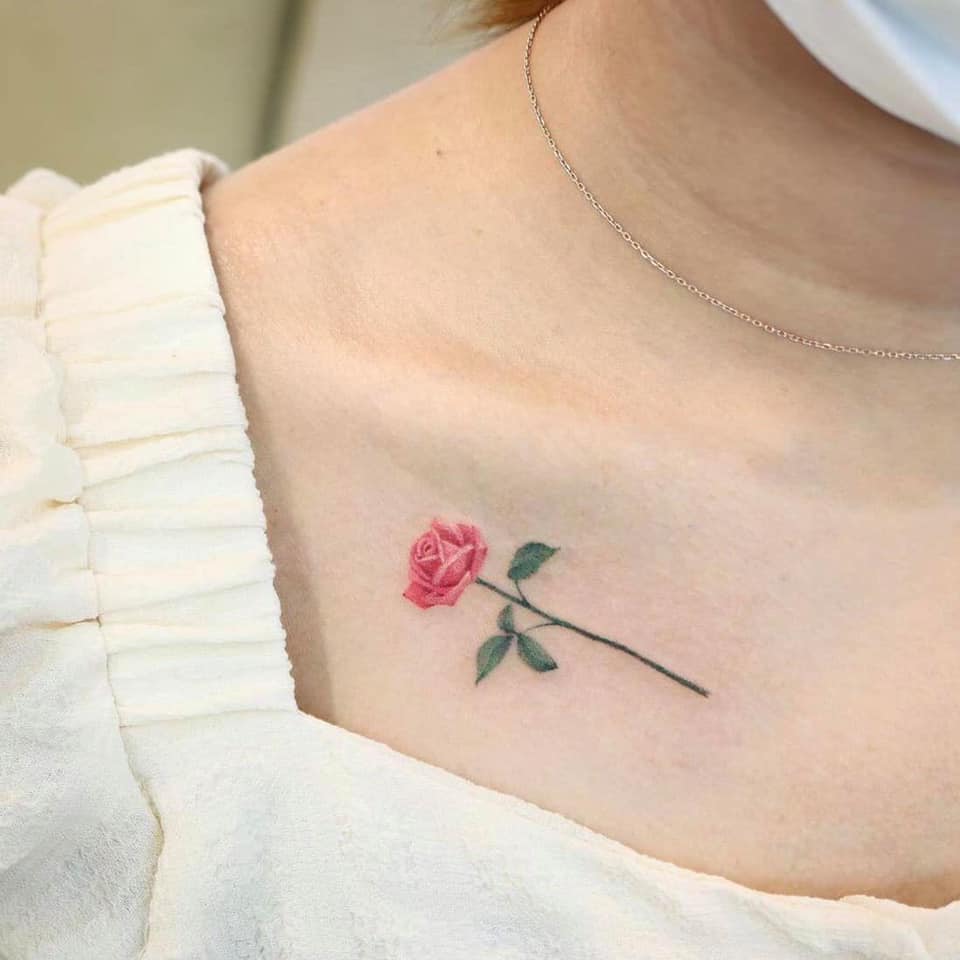 1 TOP 1 Delicate Tattoos for Women Pink Rose with Stem on Clavicle