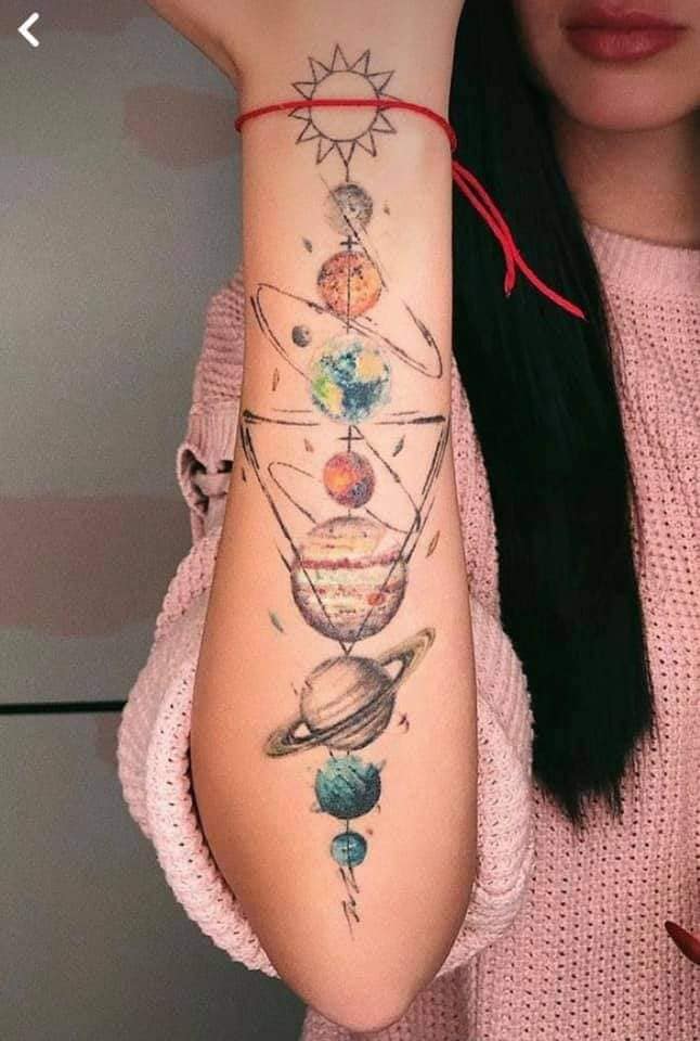 1 TOP 1 Most liked Women's Tattoos July part 2 Solar Planetary System watercolor drawing on the entire forearm