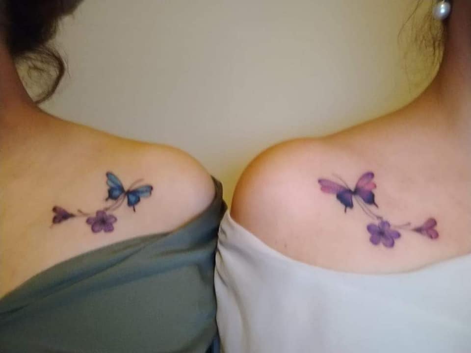10 Most liked Women's Tattoos July part 2 Violet and Blue Butterflies on Shoulders of Mother and Daughter