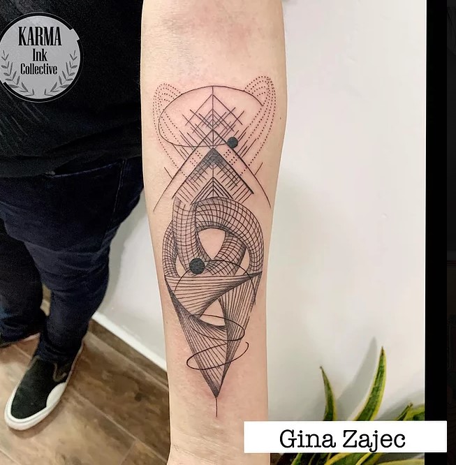 11 Padrões geométricos de tatuagem coletiva de tinta Karma em linhas pontilhadas de planos toroidais 3D Autora Gina Zajec