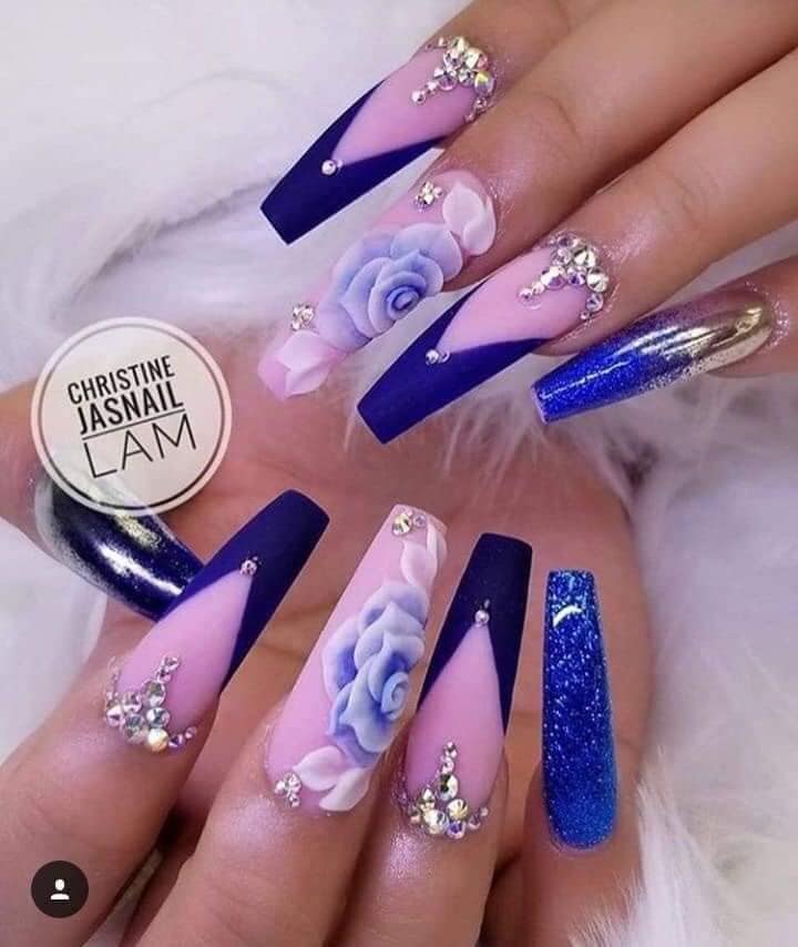 14 Royal Blue Nails with intense pink, bright blue rhinestones with glitter