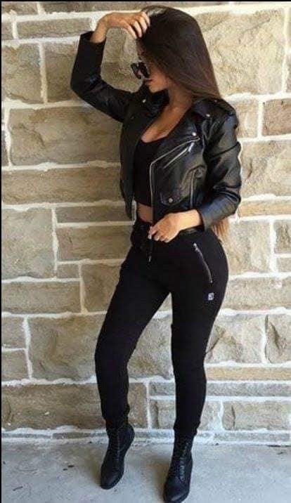 2 TOP 2 Outfit in Black for Women Imitation leather jacket elasticated pants Tight shirt