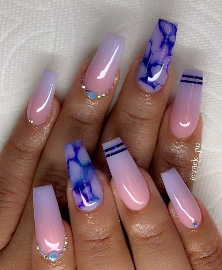 2 TOP 2 Blue Acrylic Nails in Pink and natural with blue stripes and marbled decorations