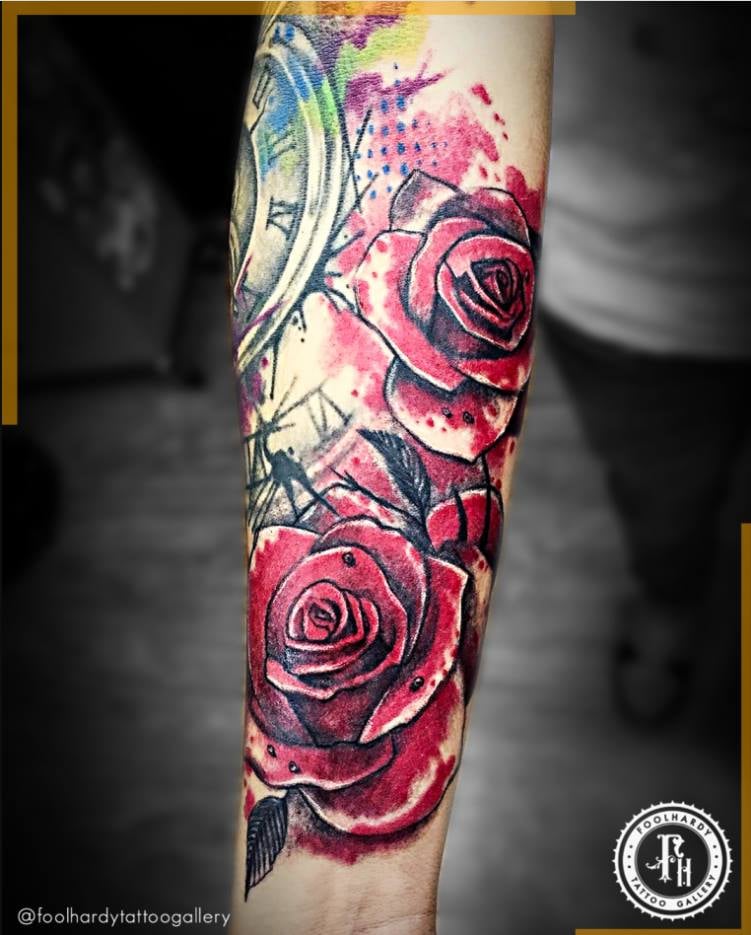 2 TOP 2 foolhardy tattoo gallery Roses in Watercolor with Clock on forearm