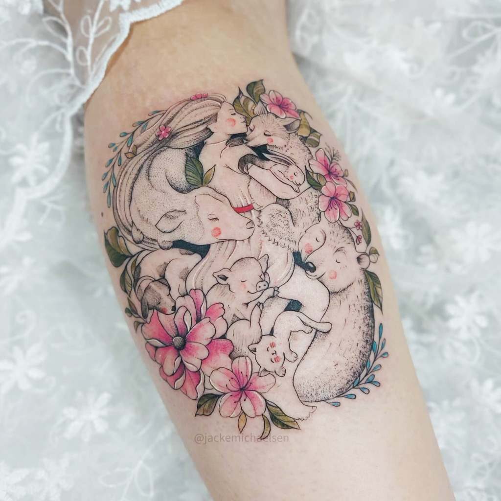 25 Artist Jacke Michaelsen BR Tattoos Oval on Forearm Inside Little Pigs Pigs Woman Wolf Flowers Roses