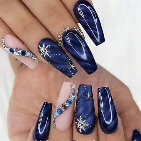 32 Long Blue Nails with white snowflakes colored rhinestones some skin pink