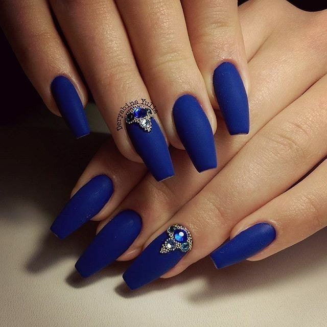 33 Long Navy Blue Nails with bright blue and gold rhinestones