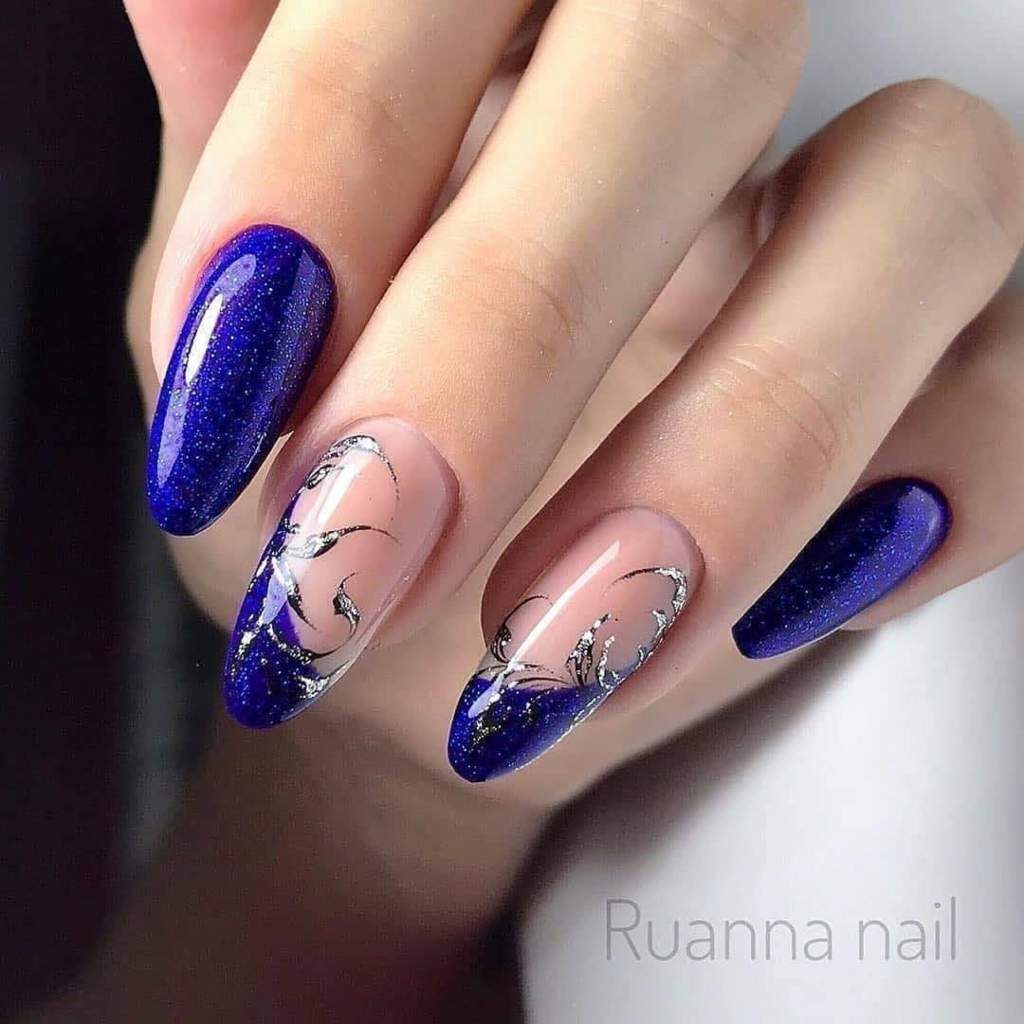 38 Oval Blue Nails some skin color with drawings and glitter