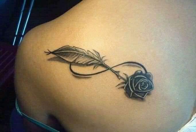 4 TOP 4 Infinity Tattoos for Sisters Feather and Black Rose on the shoulder blade
