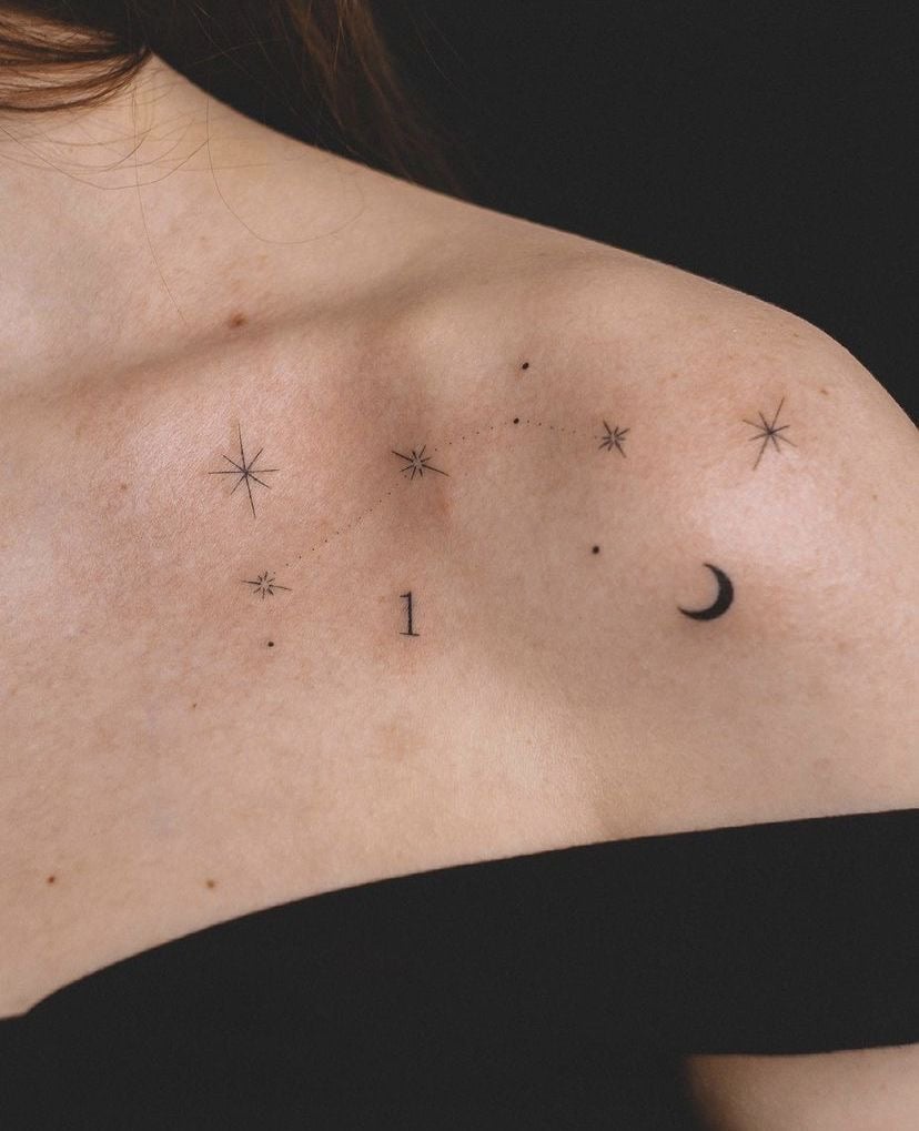 40 Delicate Tattoos Stars constellation moon and number one on shoulder and clavicle