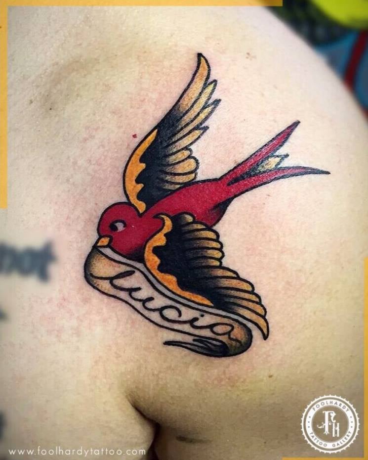 5 TOP 5 foolhardy tattoo gallery Swallow representing a daughter named Lucia in Red, yellow and black