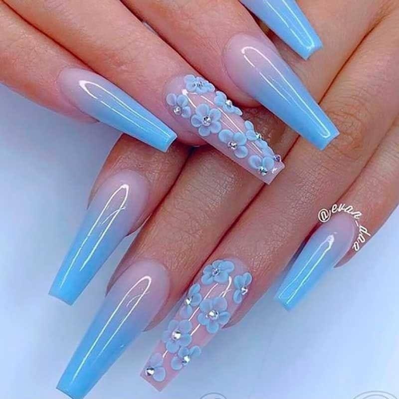 53 Long Celestial Blue Nails with little flowers for decoration
