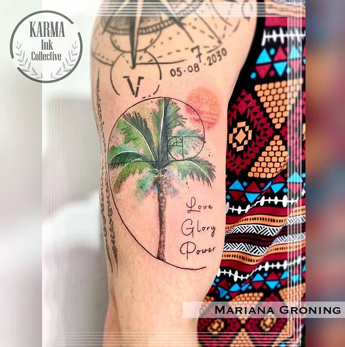 7 Karma Ink Collective Tattoo Palm Tree and Fibonacci Spiral with words Love Flory Power Love Glory Power Auteur Mariana Groning
