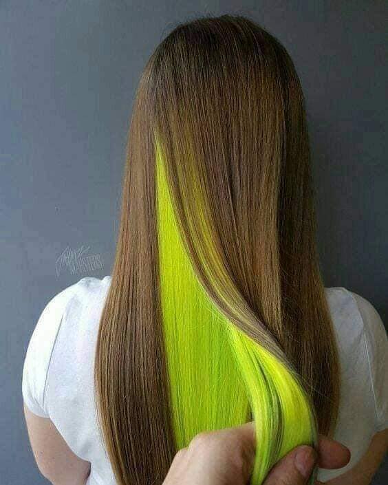 Two-tone hair Underlights Light Brown and Green Yellow