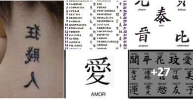 Collage chinesischer und japanischer Tattoos mit Bedeutungen