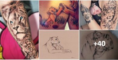 Tatuaggi collage di leonesse e dei loro cuccioli