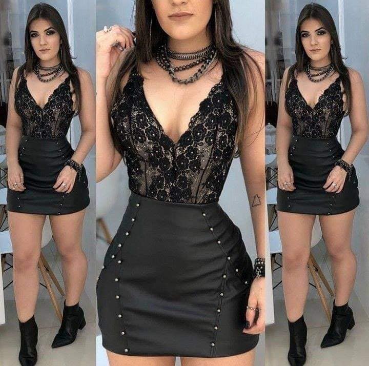 Women's Black Outfit Lace Blouse and Short Studded Leather Skirt