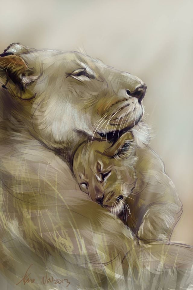 Tätowierung einer Löwin und ihrer Jungen. Skizze einer Löwin, die ihren Sohn umarmt und ihn beschützt