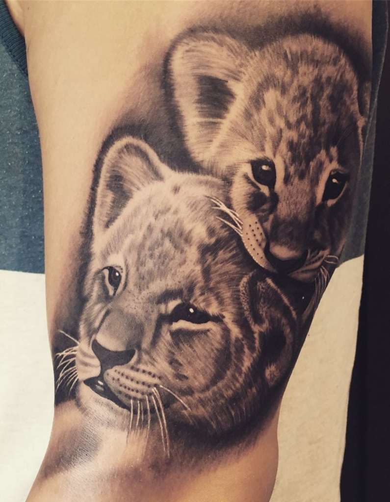 Tattoo of Lioness and her Cubs Two little children Cubs portrait