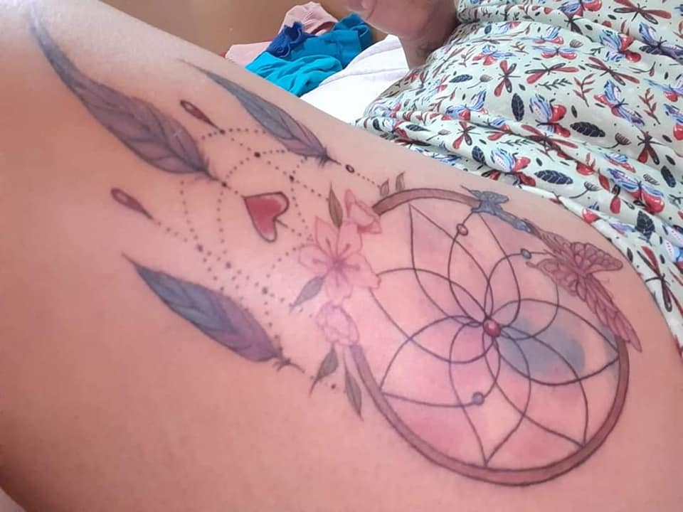 Most liked Women's Tattoos July part 2 Indian Dreamcatcher with Feathers on Thigh