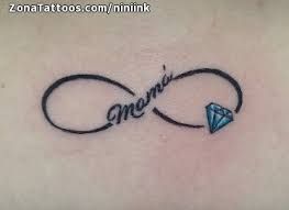 Tatuaggi d'amore infinito con la scritta Mama e un diamante blu