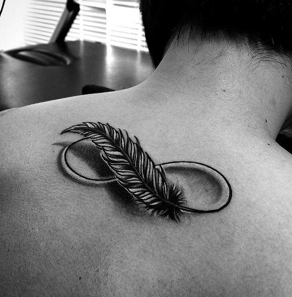 Infinite Love tattoos on the back under the nape of the neck with a large black feather