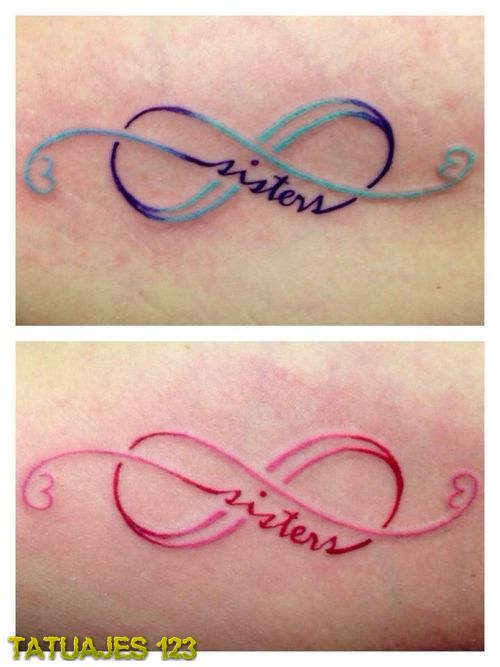 Infinite Love tattoos for two sisters with different colors, one in pink and red, the other in blue and light blue, and the word sisters with heart decorations at the tips.