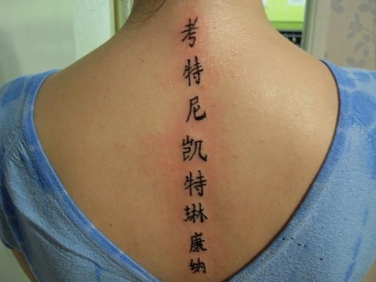 Tätowierungen mit chinesischen japanischen Buchstaben, Symbolen und Bedeutung. Acht Symbole entlang der Wirbelsäule