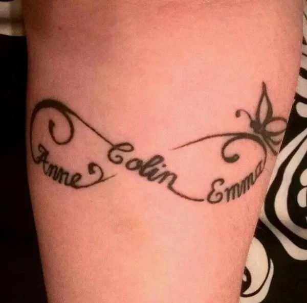 Tattoos of Mothers and Daughters and Infinity Symbol with names Anne Colin Emma and butterfly