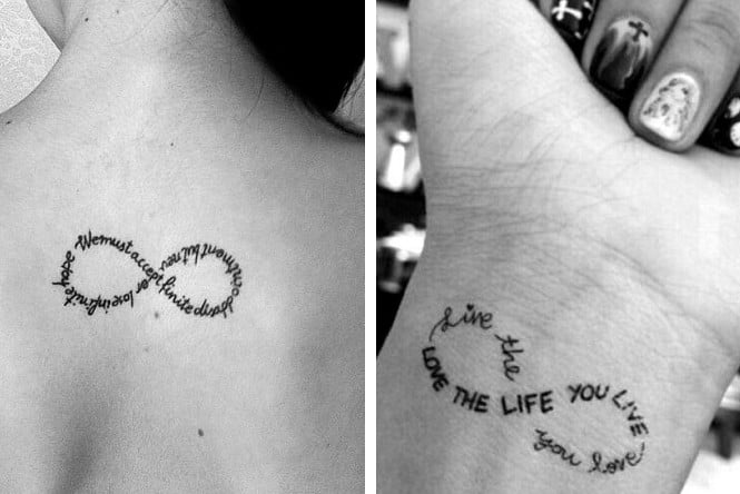 Tattoos of Mothers and Children and Infinity Symbol Made of Letters Words and Phrases LOVE THE LIFE YOU LIFE AMA LA VIDA TU VIDA