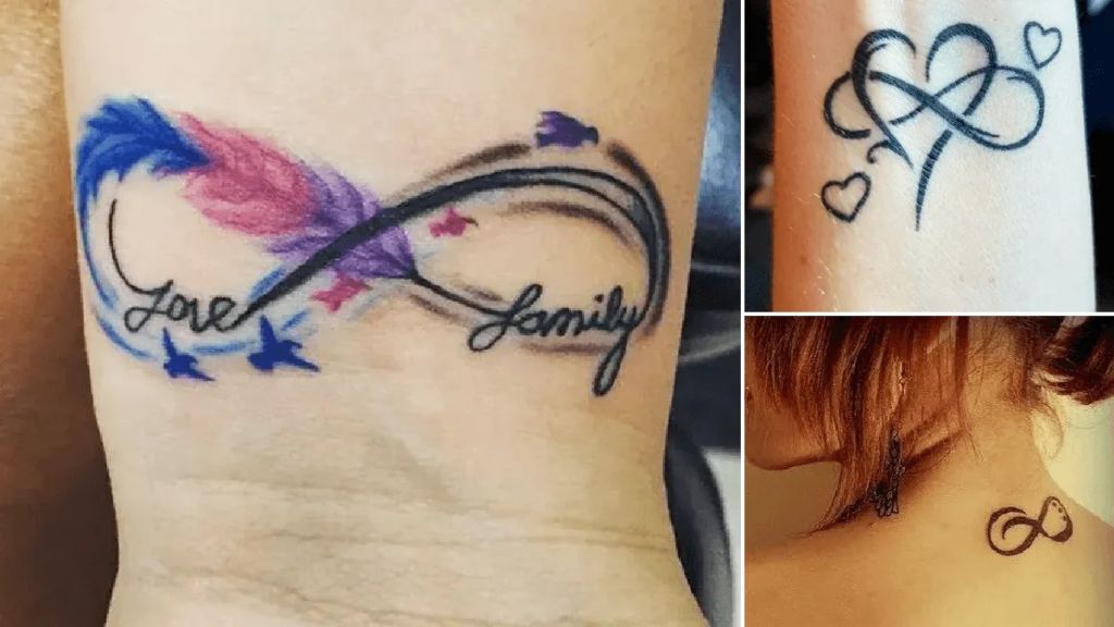 Tattoos of Mothers and Children and Infinity Symbol with feather and birds and inscription of names Jose Family another intertwined with heart