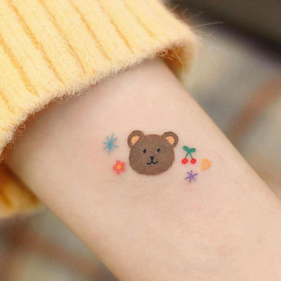 Tattoos for Women Delicate Brown Bear Face Little Flower Star two cherries slice of pizza