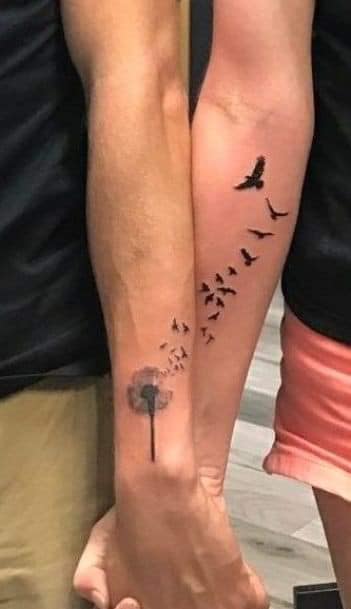 Tattoos for Couples Dandelion whose bird seeds go from one forearm to another and become larger birds Flock