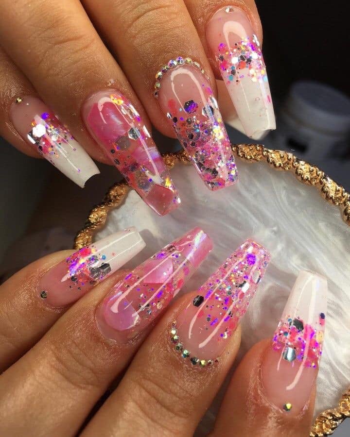 Some Pink and Transparent Acrylic Nails inside Shimmer Mother-of-pearl Silver Pink Corados Hexagons